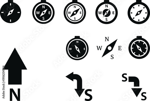 Compass and direction icons vector set, navigation and map symbols illustration, black compass needle design, travel orientation elements for adventure, exploration, and guidance