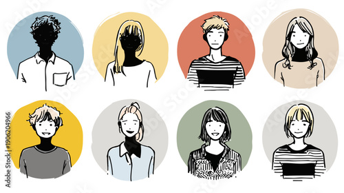 다양한 스타일의 남녀 캐릭터 8종 세트로 구성된 핸드드로잉 일러스트레이션이며 투명한 배경에 원형 아이콘 형태로 제작되어 소셜 미디어 프로필이나 커뮤니티 사용자 아바타 디자인에 활용하기 적합한 고품질 그래픽 리소스입니다.