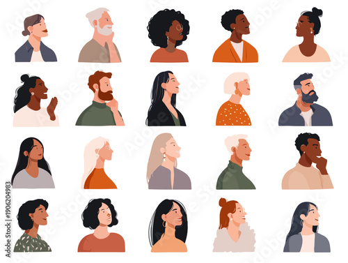 인종과 연령이 다른 여러 사람들의 옆모습을 담은 미니멀한 플랫 일러스트레이션 아바타 세트로 투명한 느낌의 깔끔한 배경 디자인과 현대적인 캐릭터 스타일이 돋보이는 그래픽 리소스입니다.