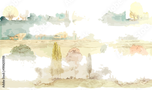 투명한 수채화 물감의 질감이 살아있는 평화로운 숲과 들판의 풍경 일러스트레이션으로 부드러운 파스텔 톤의 색감과 안개 낀 듯한 몽환적인 분위기가 돋보이는 고품질의 예술적인 자연 배경 이미지입니다.