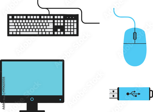 Computer peripherals illustration showing keyboard, mouse, monitor and USB flash drive icons for modern office workspace, digital technology setup and hardware accessory concepts