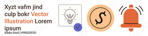 Innovation, finance, alerts, creativity, ideas, communication. Three icons light bulb, currency notification bell. Innovation and finance are prominently through these symbols