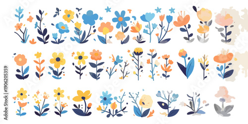 다양한 모양과 색상의 꽃과 잎사귀 일러스트가 포함된 투명한 배경의 벡터 그래픽 세트로 각종 디자인 프로젝트와 디지털 다이어리 꾸미기 활동에 매우 적합한 귀엽고 세련된 플로럴 아이콘 모음집입니다.