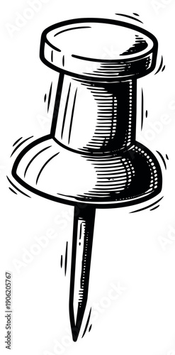 Hand drawn line art illustration of a pushpin depicting an office supply for organizing documents