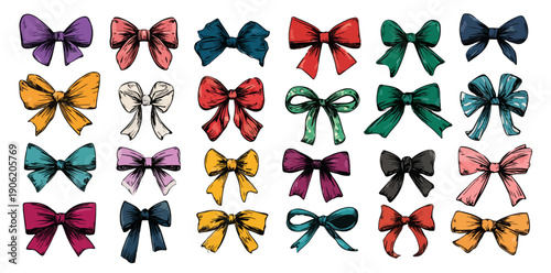 투명한 배경 위에 다양한 색상과 모양의 손으로 그린 리본 매듭 일러스트레이션 세트로 선물 포장이나 카드 디자인 그리고 패션 액세서리 그래픽 요소로 활용하기 좋은 빈티지 스타일의 벡터 아트 컬렉션입니다.