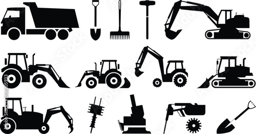 Construction machinery silhouette set, heavy equipment vehicles and tools, excavator, bulldozer, tractor, truck, industrial machines for building, work, and engineering illustration vector