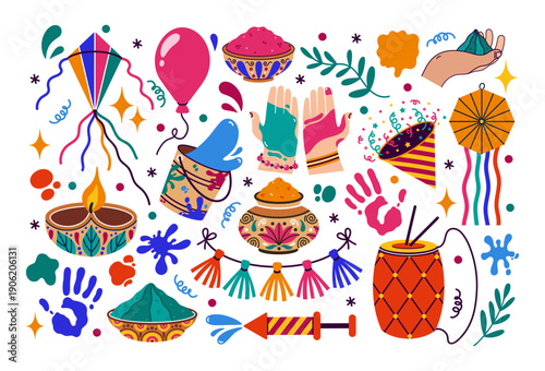 Indian festival of Holi vector icon set. Hands in paint, colorful gulal powder in pots, garlands, firecracker. Fun for kids, kite, balloon, pichkari. Handprints, traditional holiday. Cartoon clip art