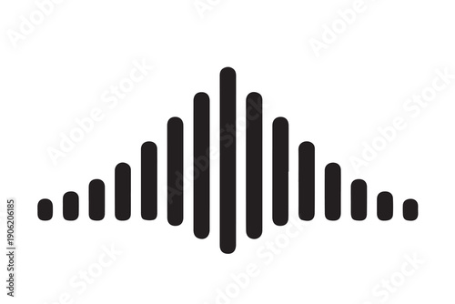 A minimalist black and white vector artwork showing rows of spectrum audio bars, expressing music frequency visualization, sound energy, audio analysis, and modern digital music interface concept.