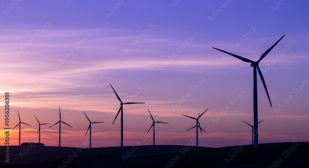 Fototapeta premium Wind turbines generating electricity at dusk with a serene landscape.