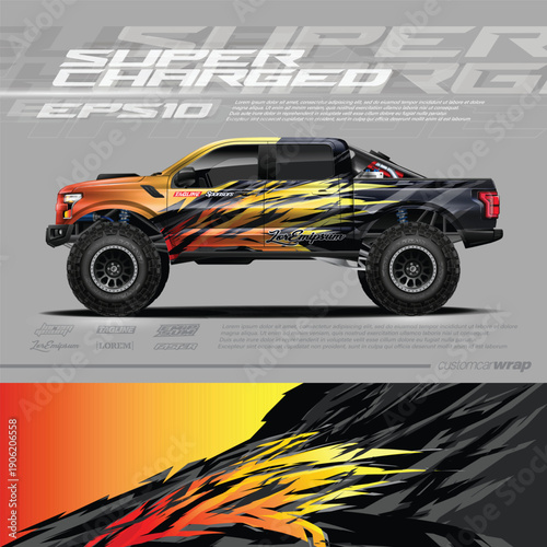 Monster truck decal, cargo van and car wrap vector, Graphic abstract grunge stripe designs for wrap branding vehicle.