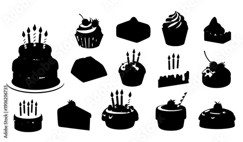 Birthday cakes and celebration desserts colorful cartoon vector set