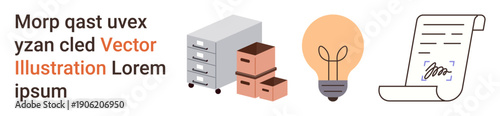Office organization, innovation, productivity, documentation, storage, business concepts. File cabinets, boxes lightbulb and signed document. Office organization and innovation visual