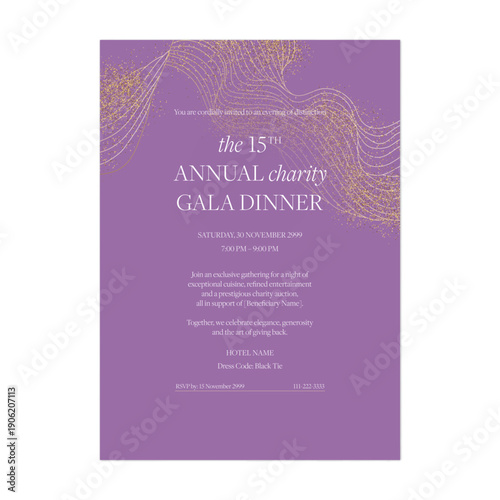 Charity gala dinner invitation features elegant gold stardust and flowing golden lines on a purple background