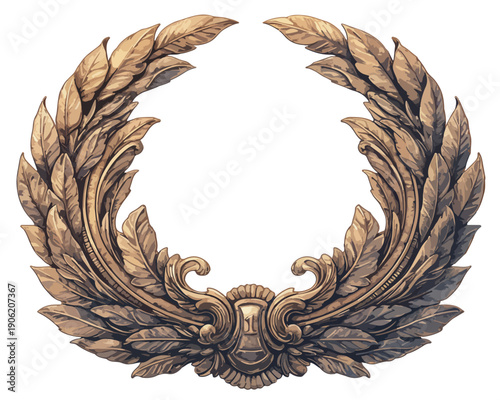 Złoty wieniec laurowy w stylu antycznym z misternymi detalami liści, idealny jako herb lub symbol zwycięstwa na przezroczystym tle.