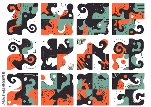 Nowoczesny zestaw abstrakcyjnych, płynnych kształtów organicznych w kolorach pomarańczowym i morskim, idealny do kreatywnego projektowania graficznego.