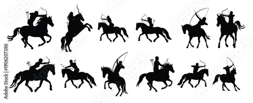 collection of illustrations of silhouettes of archers riding