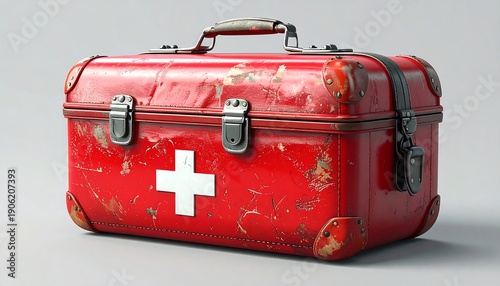 Red vintage first-aid kit on a plain background