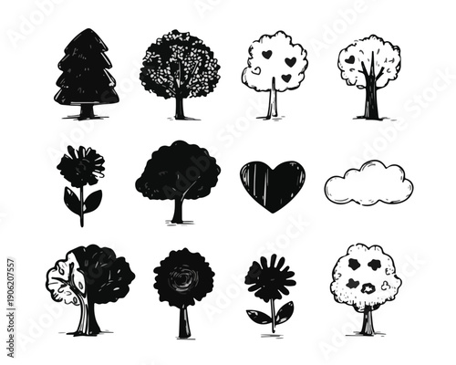 Kolekcja czarnych sylwetek i konturów drzew, kwiatów oraz chmur wykonanych w stylu doodle, idealna do projektów graficznych i dekoracji.