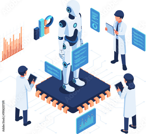 Isometric Scientist Inspecting AI Robot in a High Tech Lab