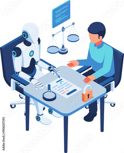Isometric Robot Signing AI Governance Policy Agreement Document