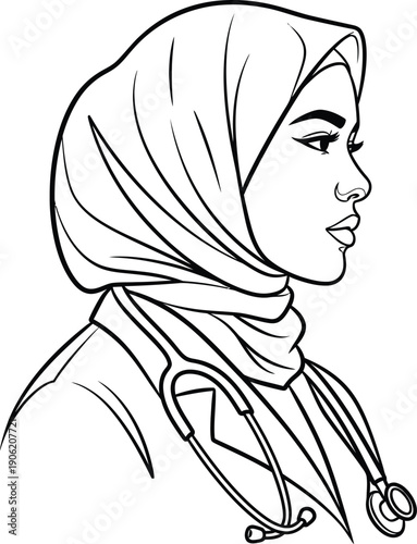 Black and white line art of a woman wearing a hijab and stethoscope medical healthcare