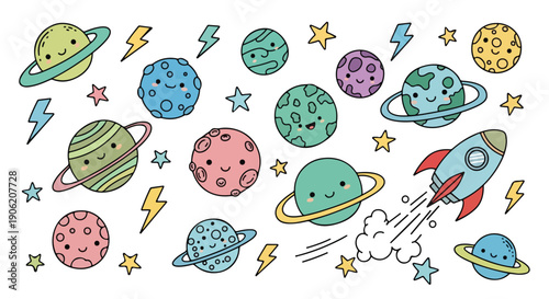 A cartoon-style illustration of a rocket ship blasting off into a colorful cartoon space filled with planets, stars, and lightning bolts against a clean white background.