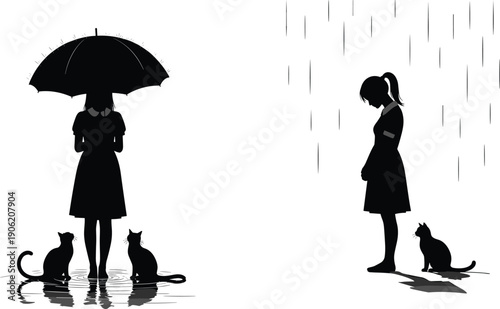 Sad girl silhouette with umbrella in rain, lonely woman with cats in rainy weather, emotional depression vector, kitten pet
