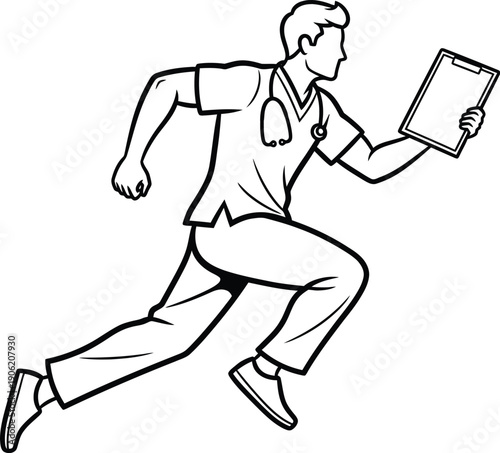 Doctor running with clipboard and stethoscope in outline style male medical
