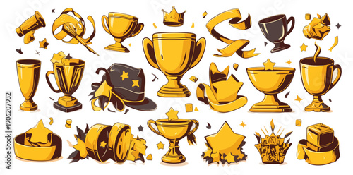 Kolekcja złotych pucharów, medali i gwiazd w stylu rysunkowym, symbolizująca zwycięstwo, osiągnięcia oraz prestiżowe nagrody w konkursach.