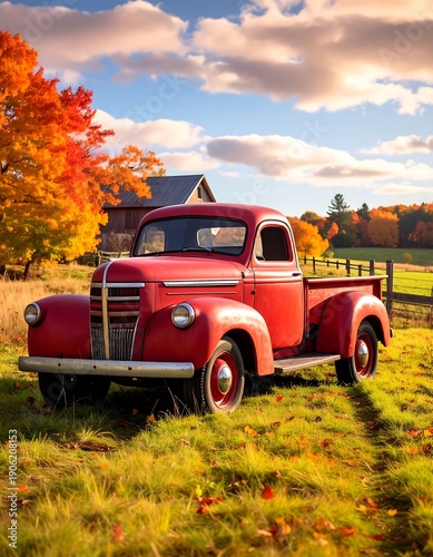 Red vintage pickup truck sits in golden autumn field against a backdrop of colorful trees and blue sky