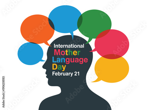 A colorful illustration celebrating International Mother Language Day on February 21 with a human head and speech bubbles.