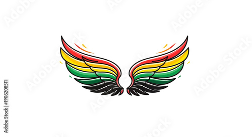 Dynamic multi-colored wings emblem in vibrant red yellow green and black hues representing freedom
