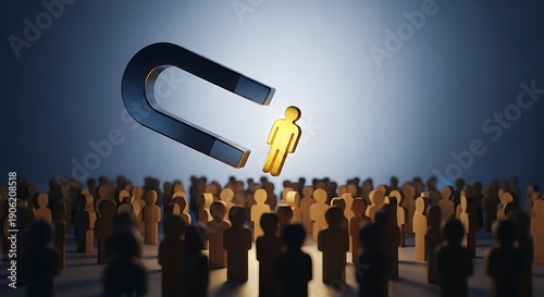 Magnet attracting unique person from crowd of wooden figures