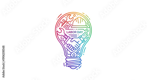 A vibrant linear illustration celebrating Labor Day with industrial tools and a handshake inside a