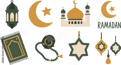 Ramadan Kareem Icon Set with Mosque, Bedug Drum, Prayer Mat, Lantern, and Islamic Decorative Stars