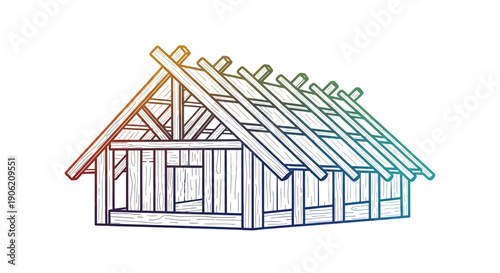 Rustic Wooden Hut Outline Illustration with Gradient Colors Emphasizing Traditional Construction