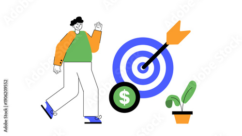 A man walking towards a large archery target with a dollar coin nearby