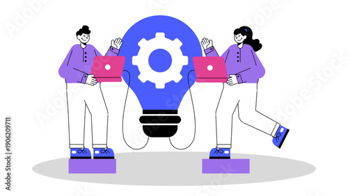 Team collaborating on a business idea around a large light bulb