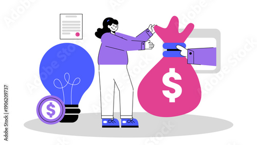 A female entrepreneur receiving a large bag of money for her business idea and investment