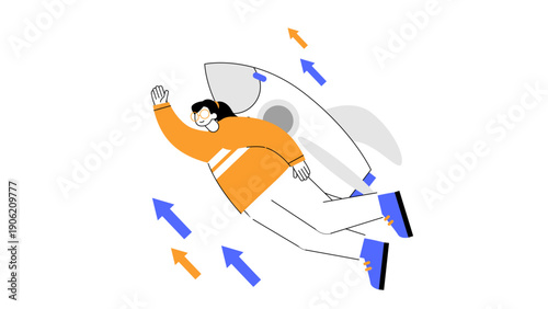 Woman flying with a rocket on her back symbolizing rapid career advancement and success