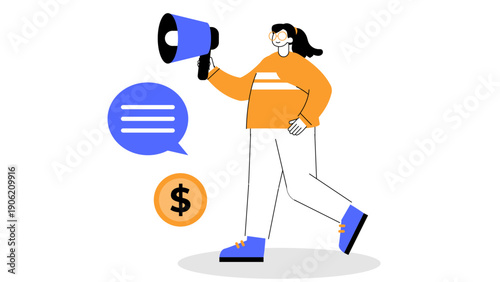 Woman using a megaphone to promote business and communicate marketing messages with dollar icon