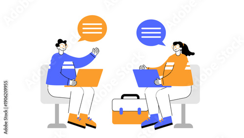 Two professional employees sitting in chairs with laptops having a productive discussion with speech bubbles