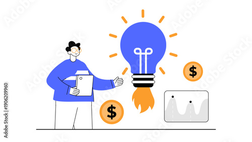 Businessman holding a tablet standing next to a glowing light bulb rocket launching with financial charts