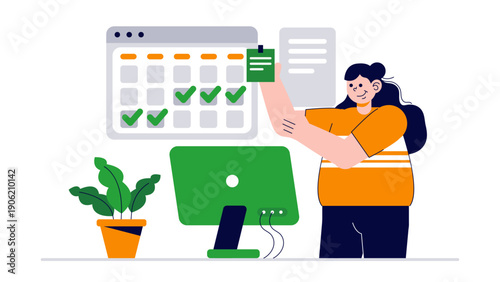 Woman marking calendar and organizing tasks on a digital interface for business development