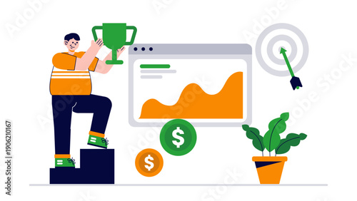 Man holding trophy on podium with growth charts and financial success symbols
