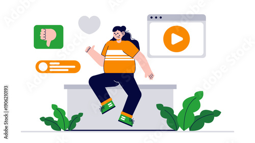 Woman managing social media feedback and video content on a web page interface