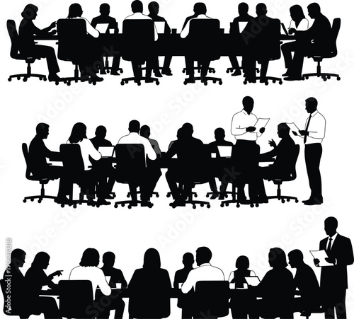 Business meeting and corporate conference silhouettes showing diverse teams around boardroom tables, professional people discussion scenes, black vector illustration isolated on white background