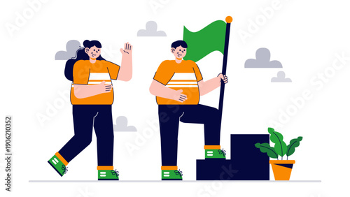 A leader holding a green flag while climbing stairs toward a target goal with a teammate