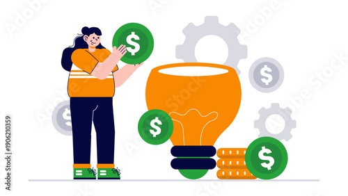 A professional woman investing large dollar coins into a lightbulb representing a funded idea