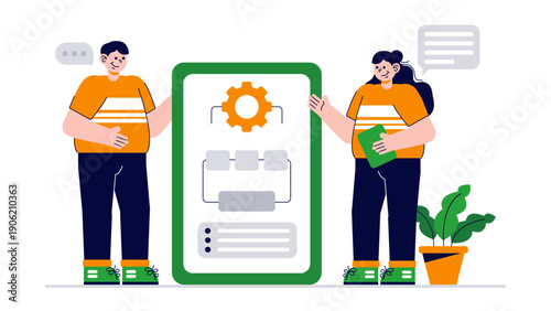 Two business people presenting a structured process diagram on a large digital screen